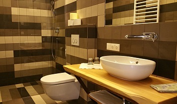 Bathroom with shower, WC, wash basin and towel heater
