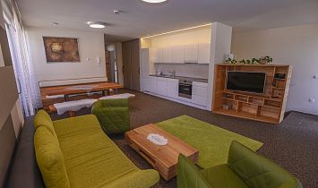 Großer moderner Wohnraum mit Couch und Küchentisch - ideal für bis zu 6 Personen